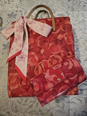Red Floral Patent Tote with Matching Wallet and Scarf